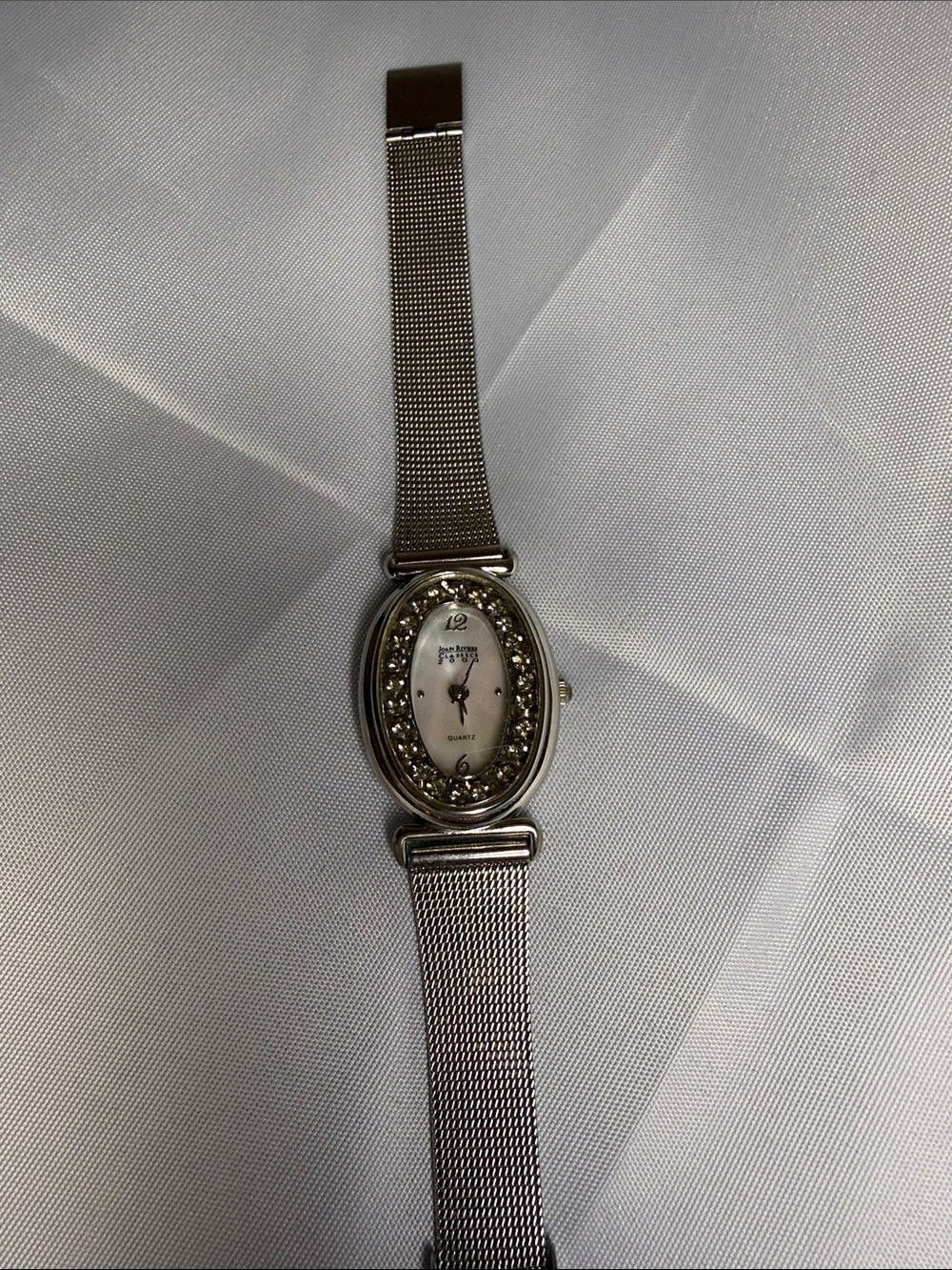 2000 Joan Rivers Silver-Tone Mesh Bracelet Watch with Crystal Accents